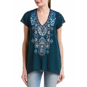 Johnny Was Kiki Embroidered Top Blouse Women Size XS Green Cotton
